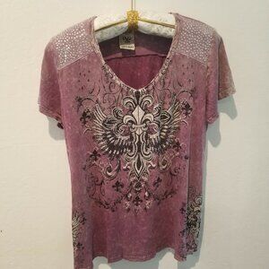Voral Women's V-Neck Short Sleeve Waffle-Knit Studded Paisley Top Purple/Black